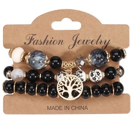 HIFIMDLI 3PCS Tree of Life Bohemian Stretch Bracelets Suitable for Women Most Wrists Jewelry Gifts (Black)