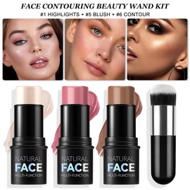 3Pcs Contour Highlighter Blush Sticks, Bronzer Contour Beauty Wand with Brush, Highlighter Cream Blush Stick, Long Lasting Smooth Waterproof Lightweight Multi Stick Face Makeup Set for All Skin