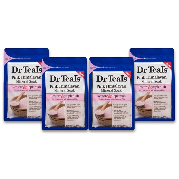 Dr Teal's Epsom Salt Soaking Solution, Restore & Replenish, Pink Himalayan Mineral Soak, 4 Count - 3lb Bags, 12lbs Total