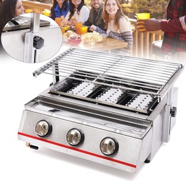 Fluoxtine Tabletop 3 Burners Grill, LPG Gas Grill Portable Steel Outdoor Camp Stove with Steel Shield for Backyard, Garden, Courtyard, Terrace and Balcony of the Family, Silver