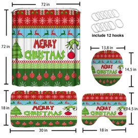 BUSOIYOU 4 Pcs Merry Christmas Shower Curtain Sets with Non Slip Rug Toilet Lid Cover Bath Mat, Snowflakes Home Bath Bathtub Fabric Machine Washable with 12 Hooks, 72x72Inch