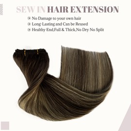 26 Inch Sew in Hair Extensions Real Human Weft Hair Light Brown with Platinum Blonde Highlights Sew in Human Hairs Bundles for Women Doulbe Weft Balayage 130g