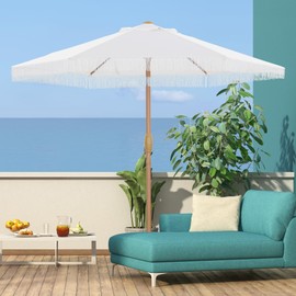 GDY 7.5FT Tassel Patio Umbrella Outdoor Table Umbrella,Market Umbrella with 6 Sturdy Ribs, with Push Button Tilt and Crank for Garden, Lawn, Deck, Backyard & Pool (Bright White)