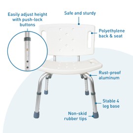 BodyMed Aluminum Shower Chair, Shower Seat, Disability Aid for Independence and Dignity, Removable Backrest, Anti-Slip Bench, for Elderly, Disabled, and Recovery