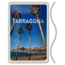 Blechschild mit Kordel 18 x 12 cm Spanien Reise Urlaub Schild: Tarragona Spanien Palmen mit Meerblick - Blechemma