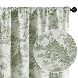jinchan 100% Blackout Toile Curtains for Bedroom, 96 Inch Drapes Toile de Jouy French Printed Castle for Living Room, Light Blocking Thermal Insulated Window Treatment Rod Pocket, 2 Panels Green