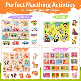 OundarM 4 Pack Wooden Peg Puzzles Board Montessori Toys for Kids Toddlers, Farm Animal Transport Numbers Theme Wooden Jigsaws, Learning ＆ Education Puzzle Toy for Birthday Christmas Boys Girls