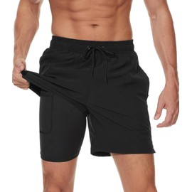 Men's Swimming Trunks 2-in-1 Quick-Drying Swimming Trunks for Men Swimming Trunks Men's Swimming Trunks with Inner Shorts and Zip Pockets, black