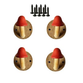 Auntzyj Fun Wooden Mushroom Coat Hook with Expansion Screws, Coloured Solid Wood Towel Hook Mushroom Wall Hook, Perforated Wall Hanger Hooks Set (Red, Pack of 4)