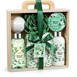 Freida and Joe Deluxe White Rose Jasmine Spa Basket - 7pc Home Spa Set with Shower Gel, Body