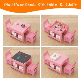 GAOMON Kids Table and Chair Set,4-in-1 Wooden Activity Table with Blackboard, Whiteboard, Storage Drawer, Sturdy Safe Material, for Drawing, Reading, Crafts, Homework, Nursery, Playroom