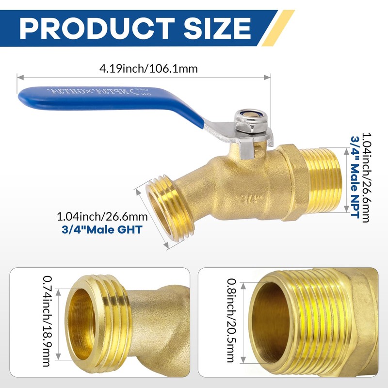 Brass 3/4" Hose Bibb, 3/4" Male NPT X Garden Hose