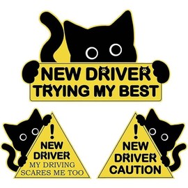 3Pcs New Driver Car Magnet Sticker Set, Funny Cute Cat Design, Caution Warning Signs for Student Drivers,Safety Warning Signs for Student Driver Moderate Size & Long Service Life (Yellow and Black)