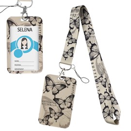 ID Card Holder with Strap, Plastic Card Holder with Butterfly Print, ID Badge Holder, Breakaway Lanyard, Neck Lanyard Strap, for Teachers, Children, Students, ID Cards, Student ID Card (Off-White)