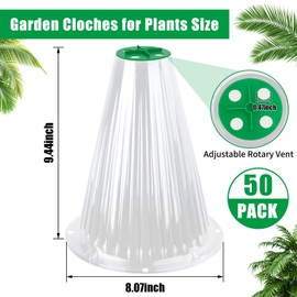 UQM 50 Pack Garden Cloches for Plants, Reusable Bell Plant Protector with Rotary Vent Cover, Garden Protection from Animals Snails Birds Chickens Insect, 9.44" H X 8.07" D (Clear)