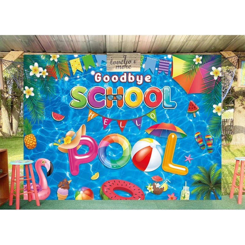PGSWEER Goodbye School Hello Pool Backdrop 7x5FT End of School