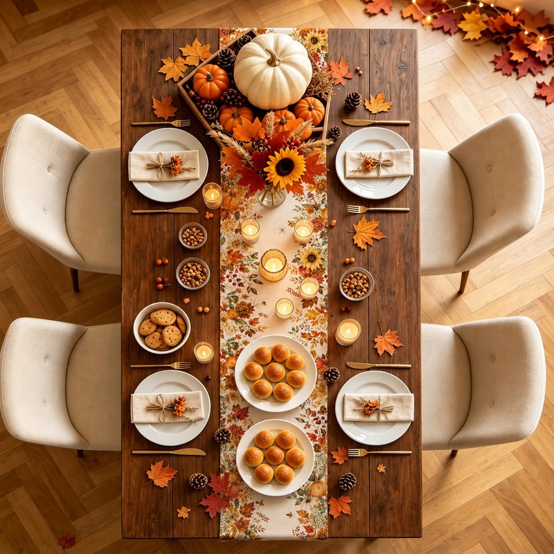 Fall Table Runner 13×72 in with Fall Decor Pumpkin, Sunflower&Leaf