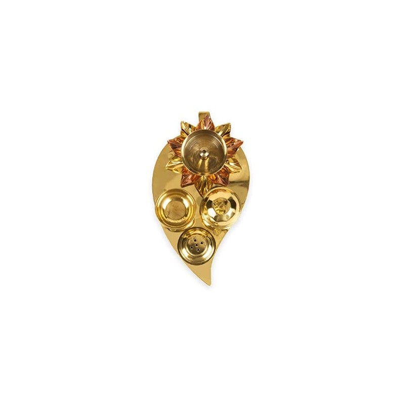 Brass Leaf Shape Platter Plate with Attached Diya Agarbatti Holder