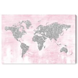 The Oliver Gal Artist Co. Maps Wall Art Canvas Prints 'Pink and Silver Glitter Map'