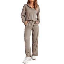 Ekouaer Pajamas Set for Women Waffle Knit Lounge Sets 2 Piece Outfits Long Sleeve PJ Pants Set Comfy Sleepwear Khaki S
