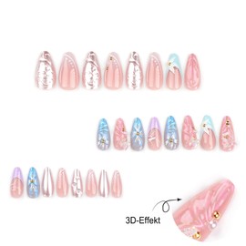 MouyouGlow Press on Nails Kurz,Almond Rosa Blau Lila French 3D Schmetterling Pear Blumen Coquette Fake Nails mit Nagelkleber,Y2K Flowers Butterfly Nude Pink Künstl …