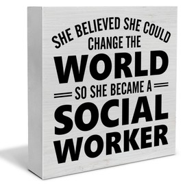 Social Worker Appreciation Gifts for Women, She Became a Social Worker Wooden Sign Home Office Decor for Desk Shelf Wall 5 X 5 Inches