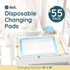 Reli. Disposable Changing Pads for Baby (55 Pack) | Disposable Diaper Changing Pads, 13" x 18" | Super Absorbent, Leak-Proof Liners | Waterproof, Quick Dry Underpads (Blue/White)