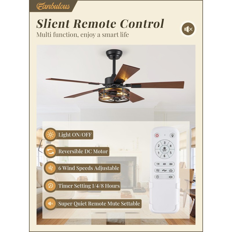 Farmhouse Ceiling Fans with Light, 48 Inch Bedroom Ceiling Fan
