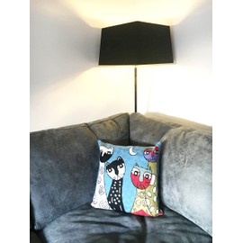 Kashmir Designs Picasso Blue Cat Pillow Cover Quadruplets Whimsical Hand Embroidered Wool 18x18