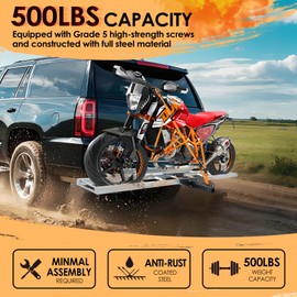 Rextact 500LBS Motorcycle Hitch Carrier with 47" Loading Ramp, Anti-Tilt Lock, Shock Absorption, Tie-Down Straps & Stabilizer | 2" Receiver, 5" Wide Tire, Durable Steel Construction