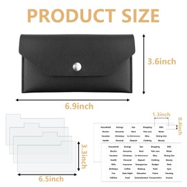 Black PU Leather Cash Wallet with 4 Cash Dividers and 2 Envelope Tab Stickers for Budget Planner