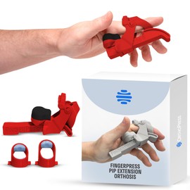 FingerPress PIP Extension Orthosis Made in USA by OrthoPress | Finger Straightener Splint For Bent Fingers, Flexion Contractures | Adjustable Joint Stretcher Device | X-Small/Red