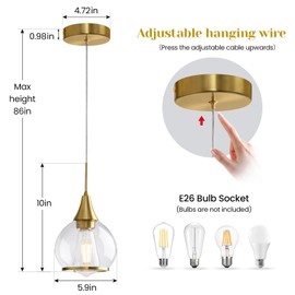 HAHZT Pendant Light Fixtures Kitchen: Brushed Gold Farmhouse Island Light with Clear Glass - 6 Inch Mid Century Globe Kitchen Lighting Chandeliers Ceiling for Dining Room