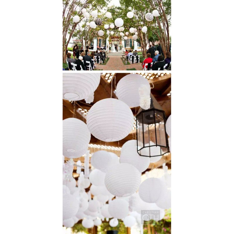 Quasimoon 12" White Round Paper Lantern, Even Ribbing, Hanging Decoration
