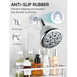 Cobbe Anti-Swing Shower Caddy Hanging with 4 Hooks for Towels/Sponge, No Drilling Bathroom Organizers and Storage Racks for Bathroom, Dorm and RV, Never Rust Aluminum, Large - Silver