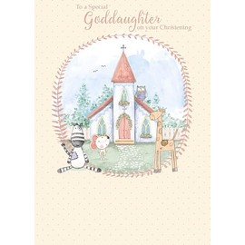 Carte Blanche Special Goddaughter Christening Congratulations Card - Church, Animals and Sentiment Verse with Flitter Details - Eco-Friendly