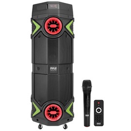 Pyle Portable Bluetooth PA Speaker - 400W Dual 8” Rechargeable Indoor/Outdoor BT Karaoke Audio System-Party Lights, LED Display, FM/AUX/MP3/USB/SD, 1/4" in,Handle, Wheels-Wireless Mic, Remote Control