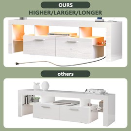 Clikuutory Modern LED White 67 inch TV Stand with Power Outlet and Large Storage for 40 50 55 60 65 70 75 Inch TVs, Wood TV Console with High Glossy Entertainment Center for Living Room, Bedroom