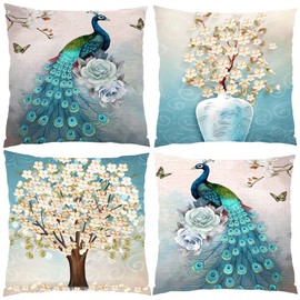 Wilproo Peacock Light Blue Throw Pillows Covers 18x18 for Bed Set of 4 Geometric Sky Blue Abstract Decorative Throw Pillow Case Outdoor Square Velvet 18 x 18 inch for Living Room Couch Sofa Decor