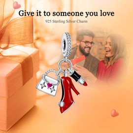 Rimgoris 925 Sterling Silver Pendants Charm for Women Bracelets Lipstick Bag High Heels 3 piece set 5A Cubic Zirconia Valentine Mother's Day Gift Charms for Women