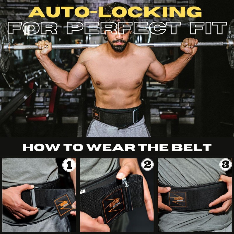 EVO Fitness Weight Lifting Belt AUTO LOCK 6.5” Neoprene Padded