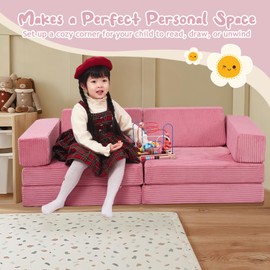 MeMoreCool Kids Couch for Playroom, 10 Piece Modular Play Sofa, Corduroy Convertible Toddler Couch, Foam Fort Building Set for Child Room Furniture, Pink