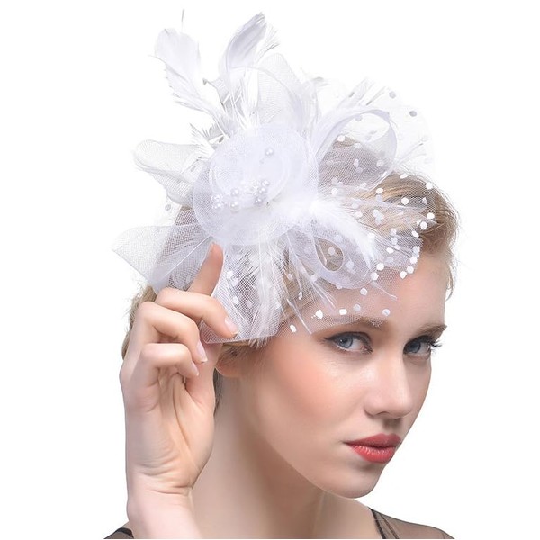 Fashband Fascinator Hut Mesh Feder Stirnband mit Haarspange Blume Cocktail Kopfbedeckung Hochzeit Braut Accessoires für Frauen und Mädchen(Weiß)