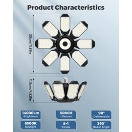 Adiding LED Garage Ceiling Lights 4 Pack w/ 8 Adjustable Panels, Super Bright Deformable Basement Light Bulb Fixture Screw in E26 Bulbs Socket for Indoor Shop, Workshop, Attic, Barn, Bay, Home Gym