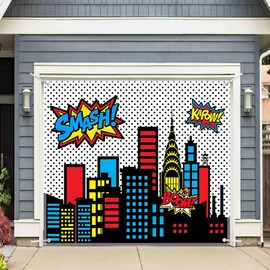 Yriujul 1PC 8x7ft Superhero Cityscape Garage Door Banner Decorations Comics City Skyline Bulidings Photography Backdrop Home Outdoor Wall Hanging Cover Party Supplies