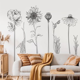 Extra Large Black Flower Wall Decals Simple Sketch Wildflower Floral Wall Stickers for Girls Bedroom Living Room Bathroom Office Adult Home Decor