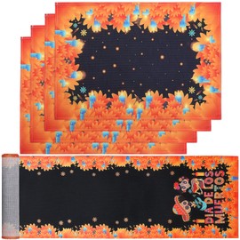 Camino de Mesa con 4 Piezas Mantel Individual Día de los Muertos Lino, Esqueleto Crisantemo Elemento Dibujos Animados, Decoraciones para Comedor Cocin