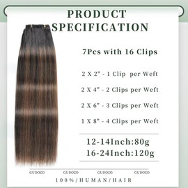 GUDOZO Clip-In Real Hair Extensions, 7 Pieces, 45 cm, 120 g, Natural Black with Chestnut Brown, Invisible Clip Extensions, Real Hair Extensions (18 Inches, 1B/1B/6#)