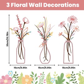 Leseogye 3 Pcs Metal Flowers Wall Art, Pink Flower Wall Decor, Exquisite Art Deco for Living Room, Bathroom, Bedroom, Patio, Balcony, Kitchen Decoration