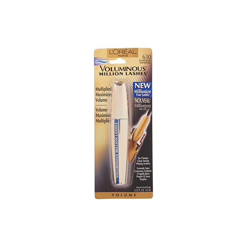 LOreal Paris Voluminous Million Lashes Waterproof Mascara, Blackest Black, 0.32